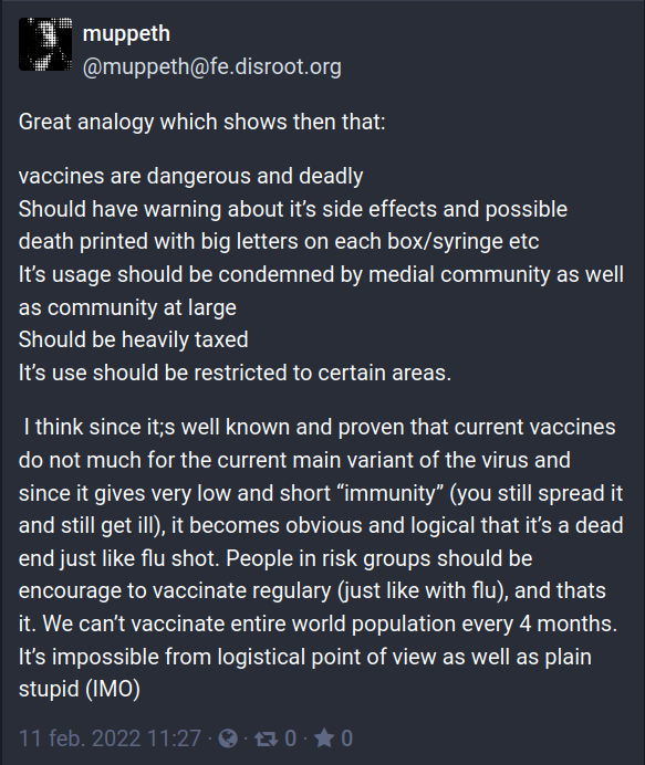 muppeth
@muppeth@fe.disroot.org

Great analogy which shows then that:

vaccines are dangerous and deadly
Should have warning about it’s side effects and possible death printed with big letters on each box/syringe etc
It’s usage should be condemned by medial community as well as community at large
Should be heavily taxed
It’s use should be restricted to certain areas. 

 I think since it;s well known and proven that current vaccines do not much for the current main variant of the virus and since it gives very low and short “immunity” (you still spread it and still get ill), it becomes obvious and logical that it’s a dead end just like flu shot. People in risk groups should be encourage to vaccinate regulary (just like with flu), and thats it. We can’t vaccinate entire world population every 4 months. It’s impossible from logistical point of view as well as plain stupid (IMO)