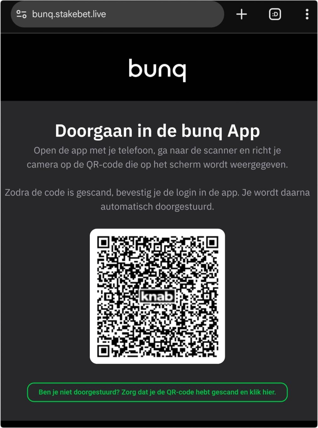Screenshot toont grote QR-code met in het midden de letters "knab".