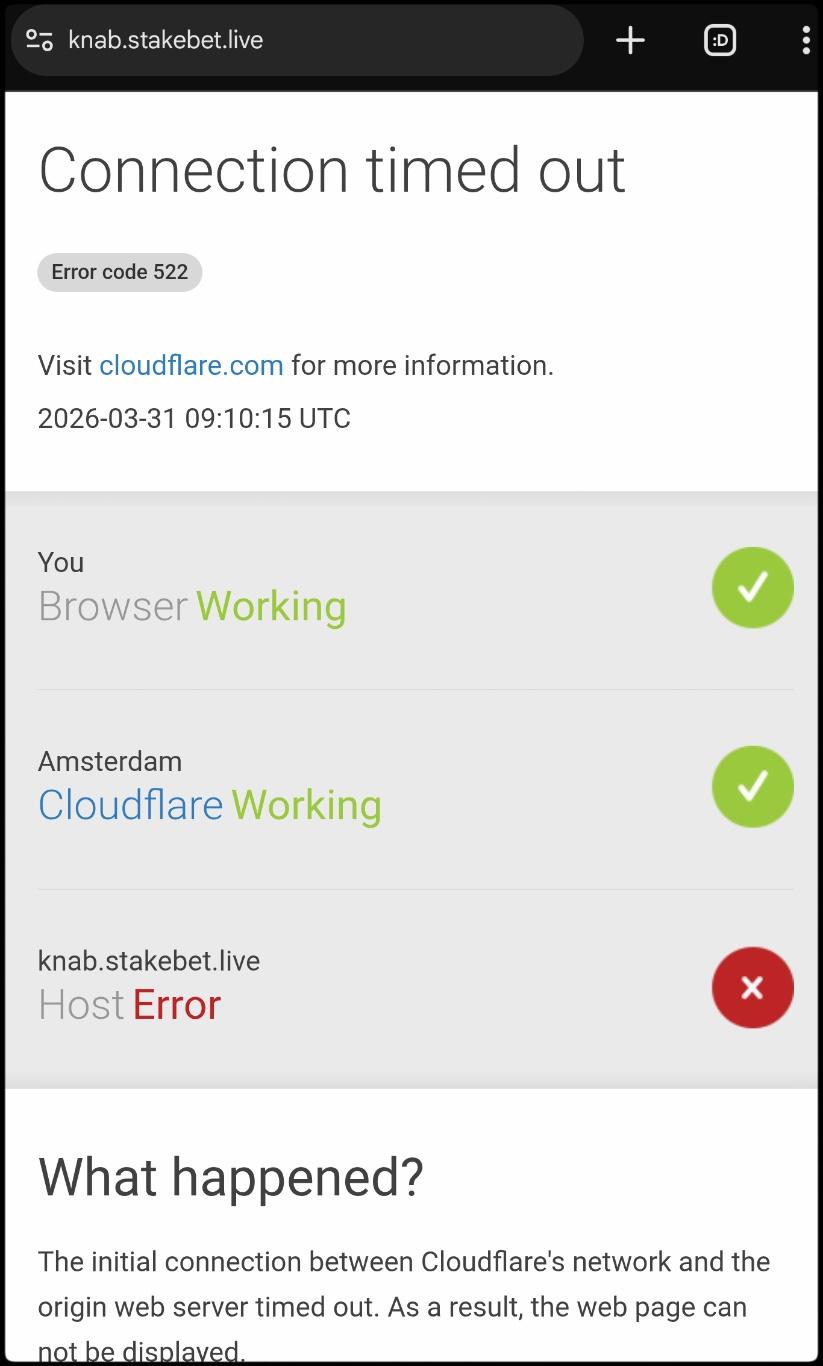 Cloudflare meldt dat de volgende phishingsite een connection time-out heeft: knab.stakebet[.]live