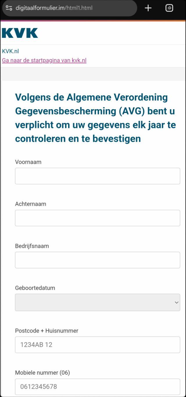 Screenshot van de KvK phishingwebsite. Er wordt om allerlei persoonsgegevens gevraagd.