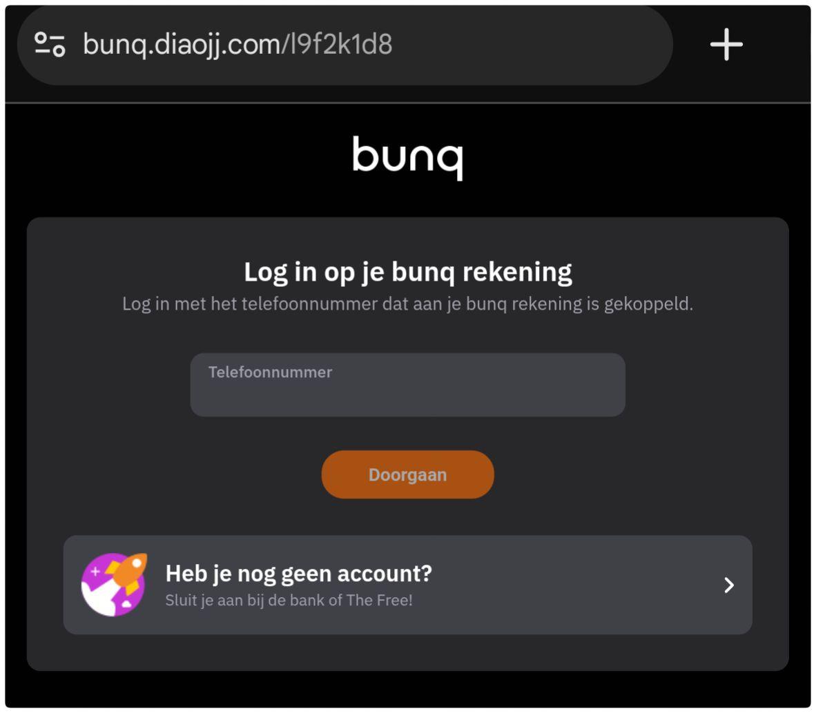 Bunq phishingwebsite. Vraagt de bezoeker om diens telefoonnummer in te vullen.