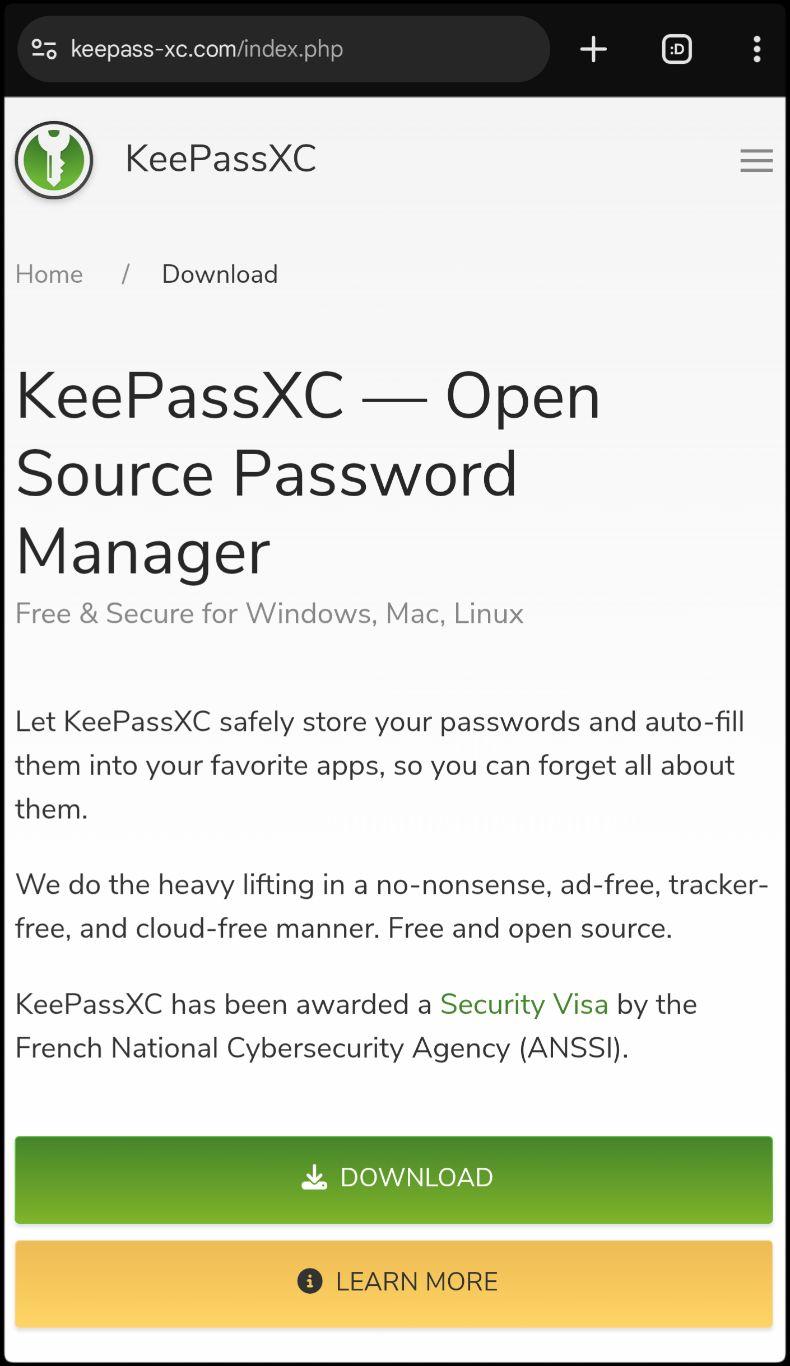 Screenshot van nep KeePassXC website.