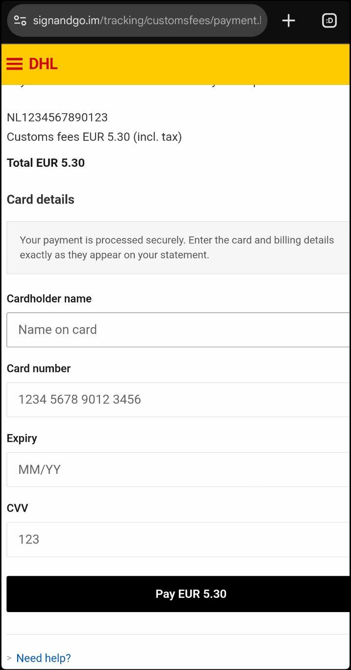 De nep DHL pagina waar je jouw debit- of credit-card gegevens moet invoeren.

NOOIT DOEN!