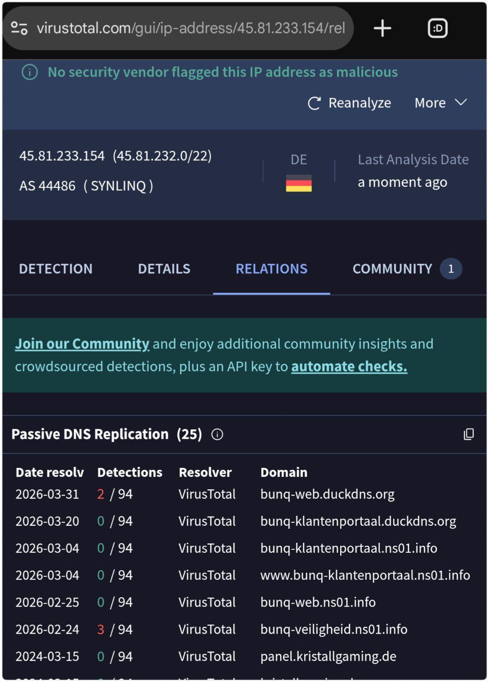 Op IPv4 adres 45.81.233.154 (ook van SYNLINQ) heeft Virustotal, sinds 2019, 25 websites gevonden.

Sinds 24 feb 2026 gaat het om de volgende, duidelijk voor phishing bedoelde, domeinnamen (niet openen):

bunq-web.duckdns.org
bunq-klantenportaal.duckdns.org
bunq-klantenportaal.ns01.info
www.bunq-klantenportaal.ns01.info
bunq-web.ns01.info
bunq-veiligheid.ns01.info