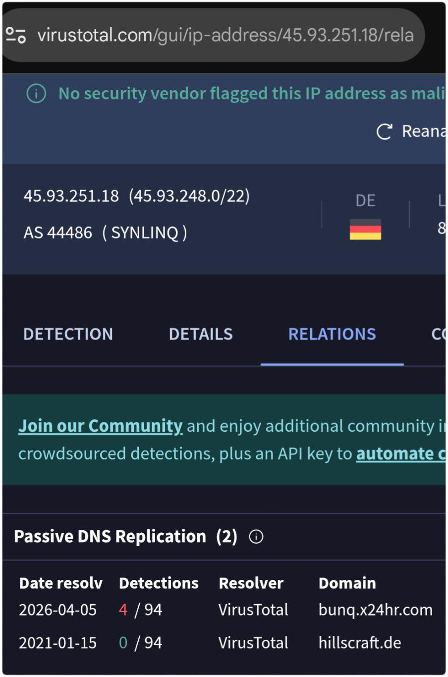 De doorstuurwebsite is te vinden op een SYNLINQ server met IPv4 adres 45.93.251.18.

Op dat IP-adres kent VirusTotal 1 andere website, maar die is daar al in 2021 gevonden en heeft hoogstwaarschijnlijk niets met de "bunq cybercriminelen" te maken.