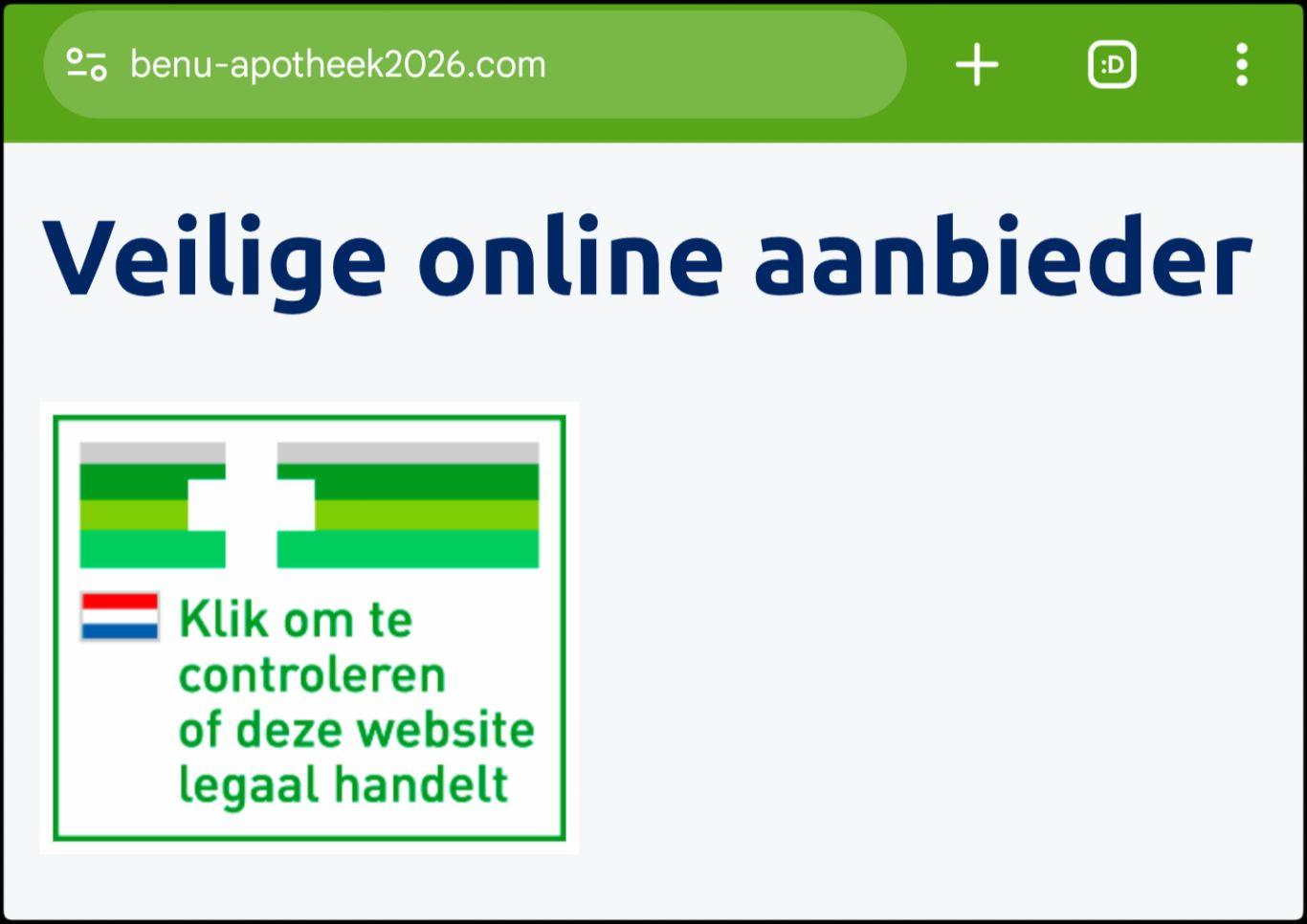 Onderaan de webpagina op de nepsite staat de tekst "Veilige online aanbieder" met daaronder een logo (een plaatje).

In dat logo staat "Klik om te controleren of deze website legaal handelt".

Als je op dat logo klikt, opent de website waarvan een deel te zien is in mijn volgende screenshot.