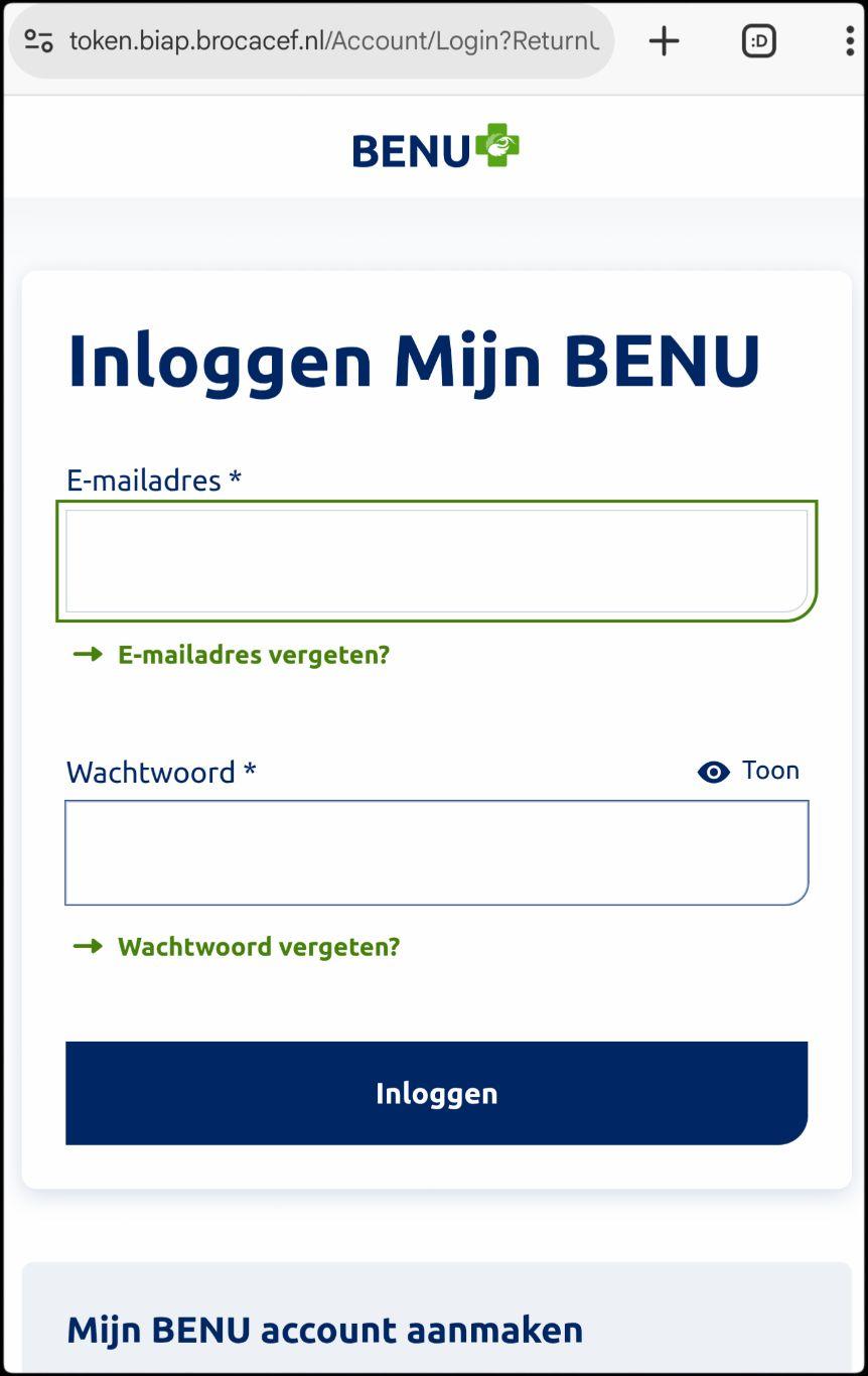 Screenshot van een website met een extreem lange URL die begint met https://token.biap.brocacef.nl/Account/Login

Daaronder staat "Inloggen Mijn BENU" gevolgd door invulvelden voor e-mailadres en wachtwoord.