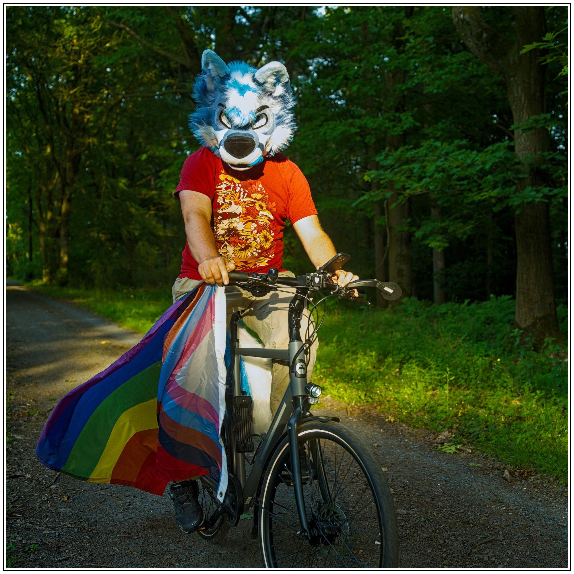A blue canine partial/poodling fursuiter on a bicycle in a forest holding a progress pride flag in one hand on the handlebars
