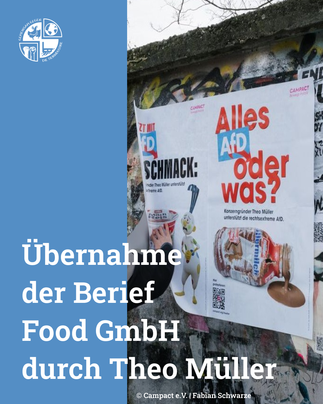 Das Bild zeigt eine Person, die ein Plakat der Organisation Campact an einer Wand anbringt. Auf dem Plakate eine Müllermilch-Flasche zu sehen aus der braune Soße läuft und es ist zu lesen "Alles AfD oder was?