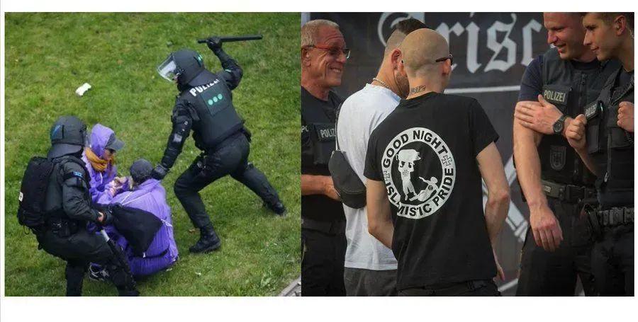 Zweigeteiltes Bild: links schwerbewaffnete Polizisten, ein Beamter hebt Schlagstock über eine auf dem Gras sitzende Person in Lila; rechts unterhalten sich Polizisten lächelnd mit Männern, einer trägt ein schwarzes T‑Shirt mit rundem Aufdruck, der eine rechtsextreme Botschaft zeigt.