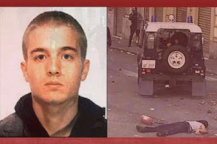 Zweiteiliges Bild: links Porträt von Carlo Giuliani, neutralem Blick; rechts  Einsatzszene mit einem Polizeifahrzeug, Riotcops im Hintergrund und dem erschossen am Boden liegenden Carlo G.