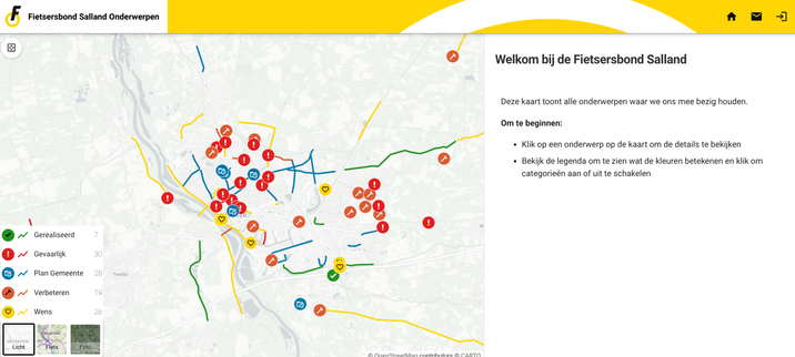kaart met punten/lijnen van alle onderwerpen waar Fietsersbond Deventer zich mee bezig houdt