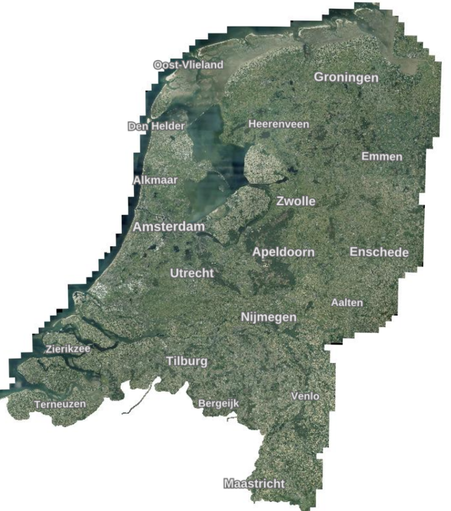 Luchtfoto + plaatsnamen van Nederland, uitgezoomd naar heel Nederland.
Álle plaatsen in Zuid-Holland ontbreken, waardoor Den Helder en Oost-Vlieland wel zichtbaar zijn, maar Rotterdam en Den Haag ontbreken ;-D